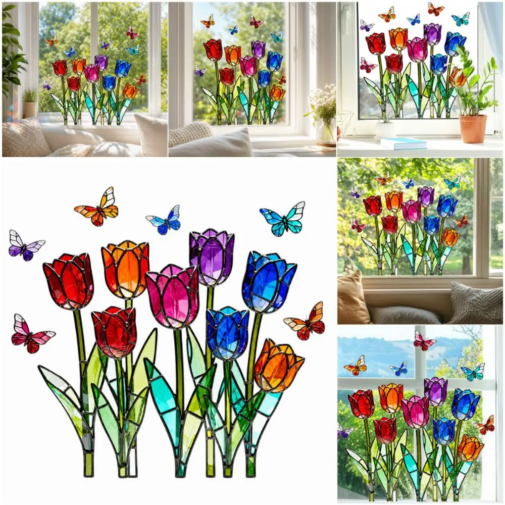 Multicolor Tulip Window Sticker Double-Sided Butterfly Tulip Pattern Static Cling Window Decal Stained Glass Effect