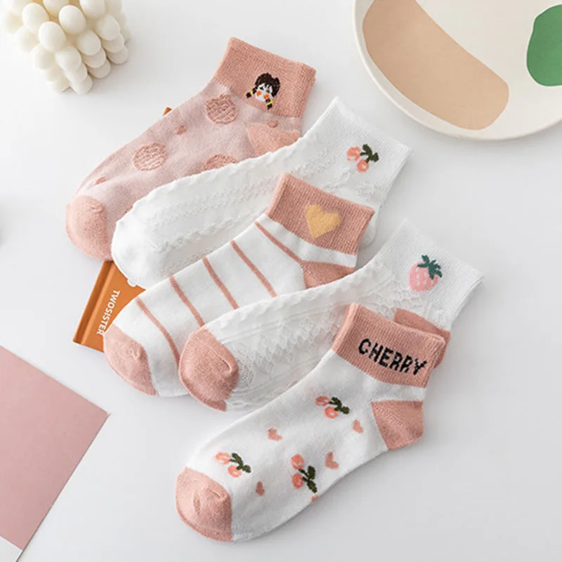 Chaussettes de dessin animé pour dames, respirantes, absorbant la transpiration, fines, polyester, coton, japonaises, mignonnes, bas, bateau, printemps, été, 5 paires