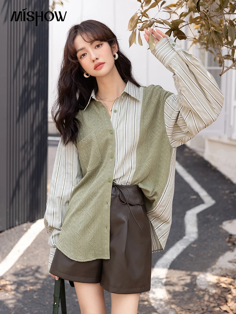 MISHOW Blouses Women Fashion 2024 Autumn Korean Knitted Patchwork Striped Turndown Collar Shirts Casual  Female Tops MXB33C0551