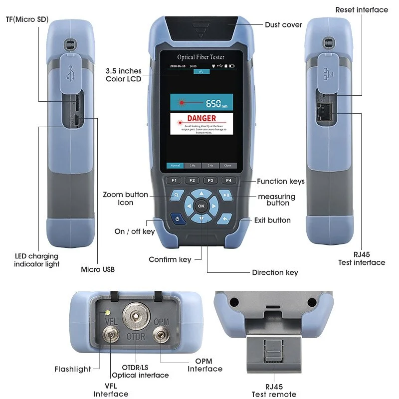 Imagem -02 - Pro Mini Otdr Active Fibra Óptica Reflectômetro Cabo Ethernet Tester Vfl Ols Opm Mapa de Eventos 24db para 64km 980rev