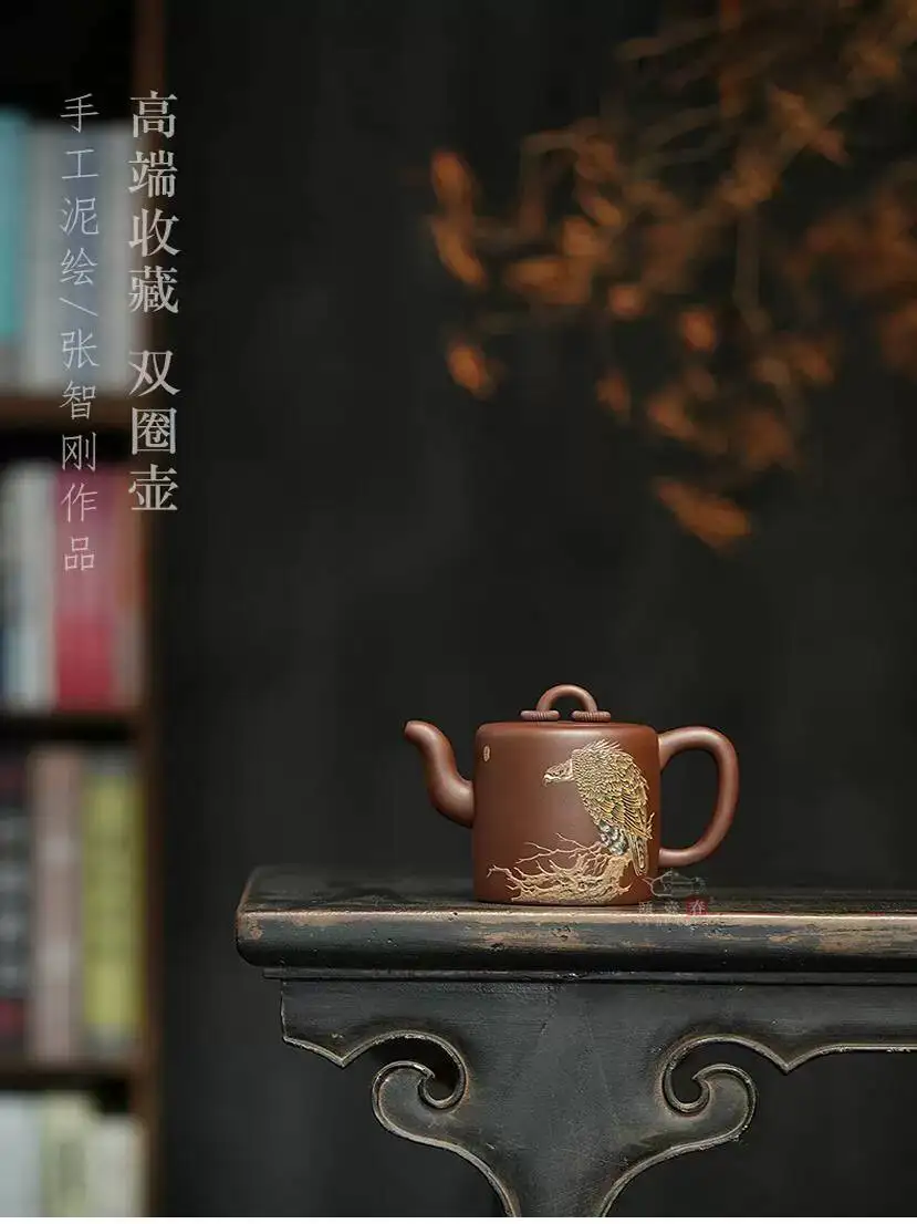 Yihu Hun High-End Yixing Teapot, Master Zhang Zhigang's Fully Handmade Lay-Painted Original Purple Lay Double-Ring Teapot