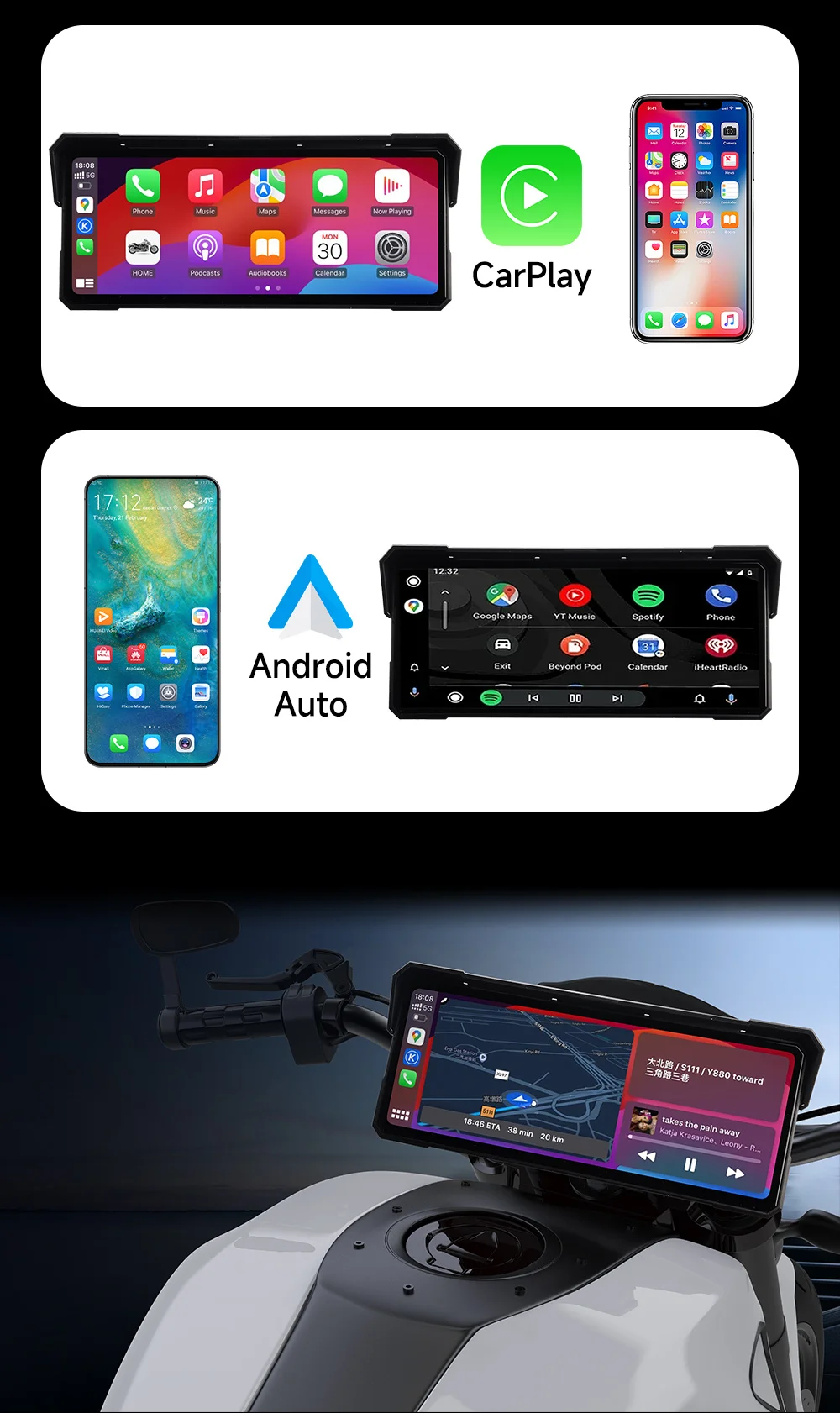 JIUYIN 8,1/7 Zoll Kabelloses CarPlay Moto Android Auto Tragbares IPX8 Motorrad-Armaturenbrett-Navigationsdisplay Bildschirmmonitor – Detail 5