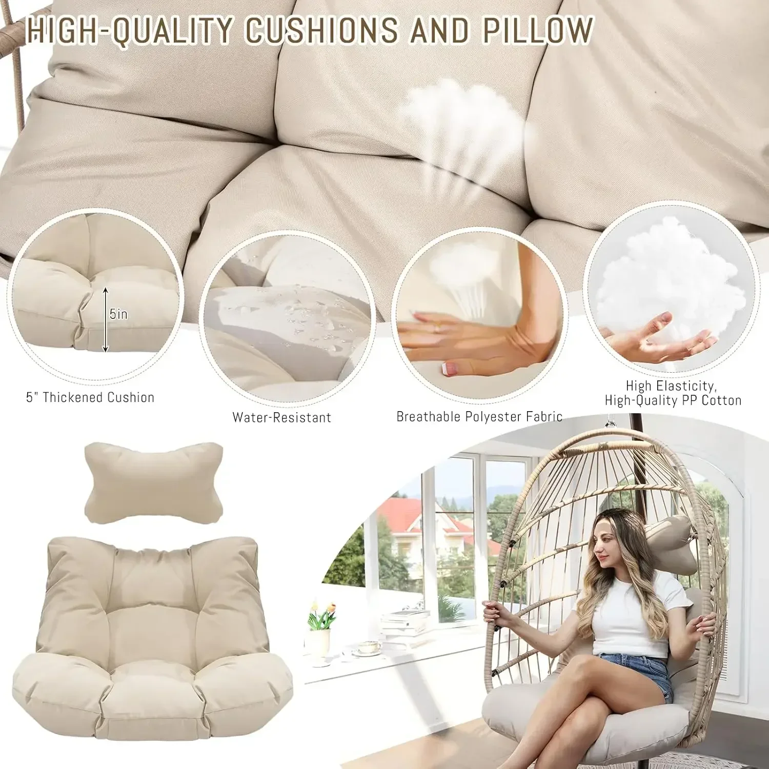 [XMSJ] كرسي بيض متأرجح خارجي مع حامل، كراسي فناء معلقة على شكل بيضة من الخيزران شديدة التحمل بوزن 350 رطلاً للخارج، أرجوحة مريحة للشرفة