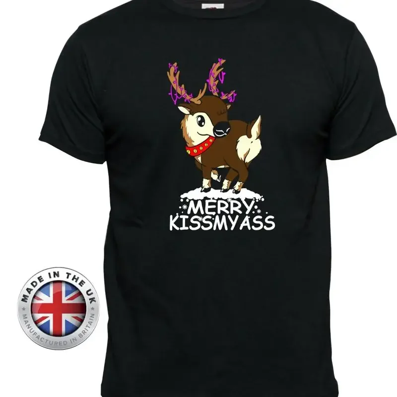 Merry Kissmyass Reindeer Black Rude Christmas T Shirt Ladies Fitted