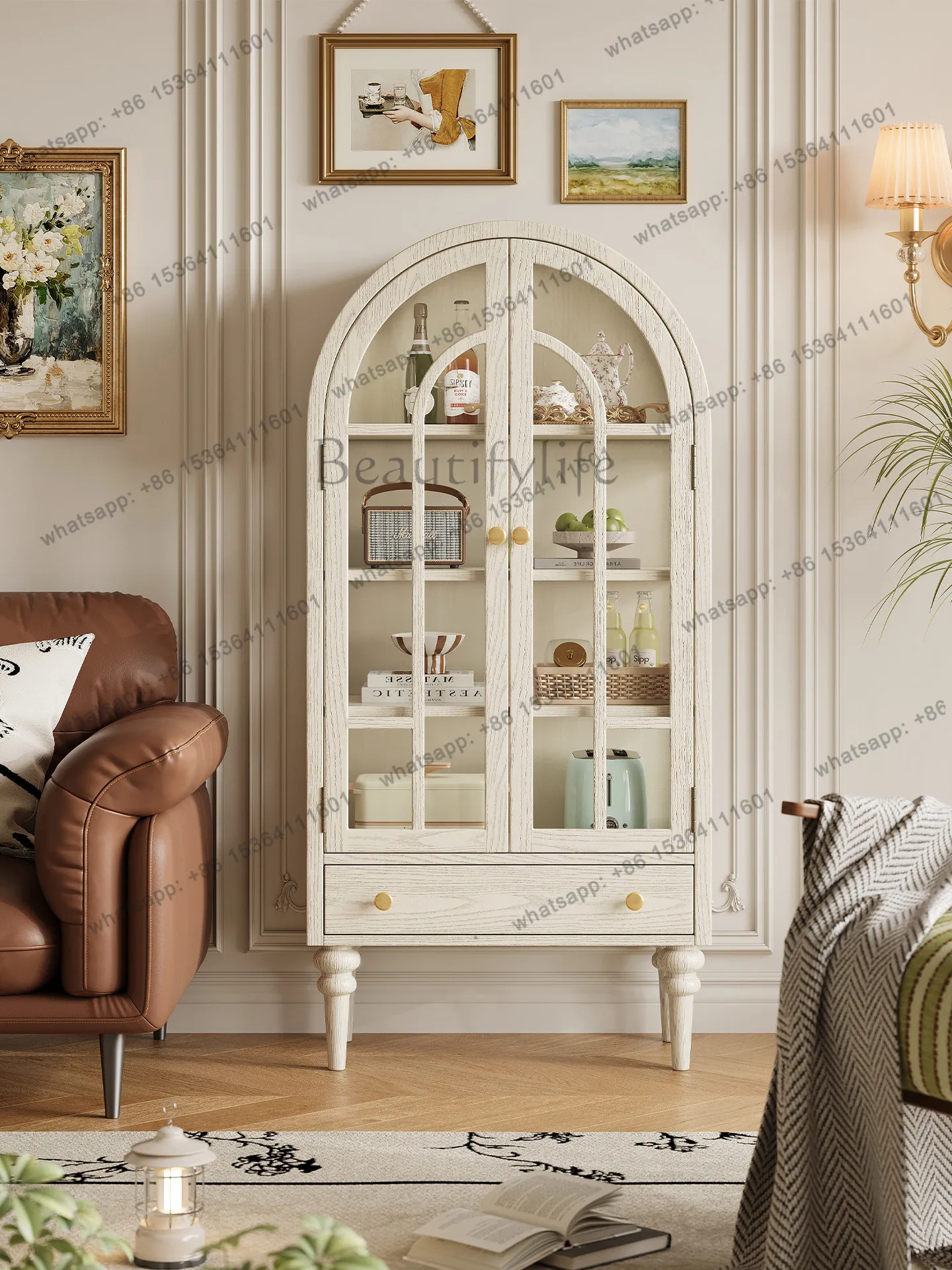 

French cream style solid wood decorative cabinet retro glass display cabinet