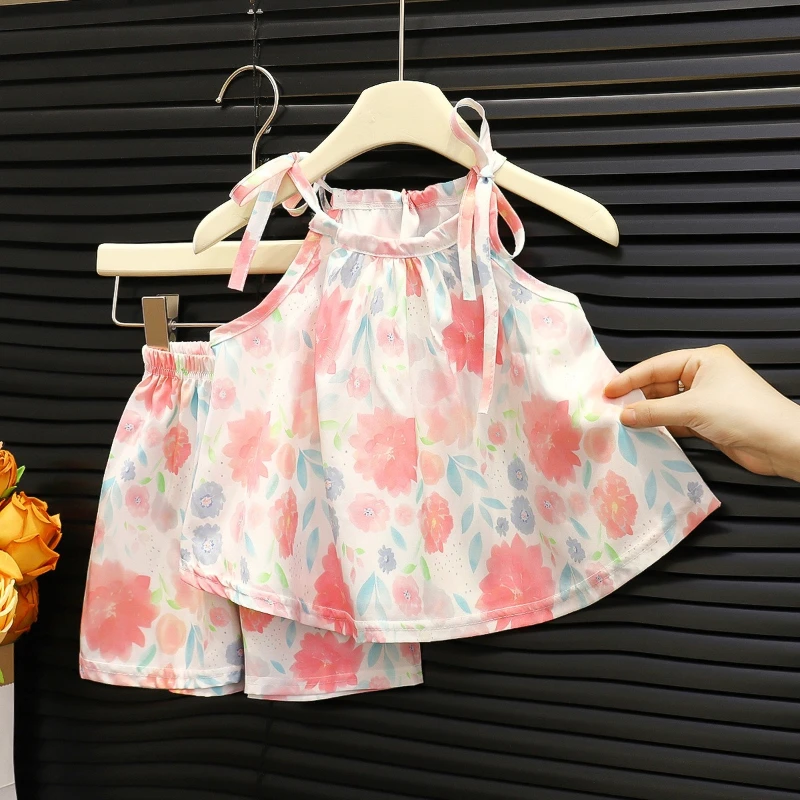 New Girls' Summer Set Stylish Children's Clothing Two Piece Set Of Sleeveless Wide Leg Pants For Little Girls