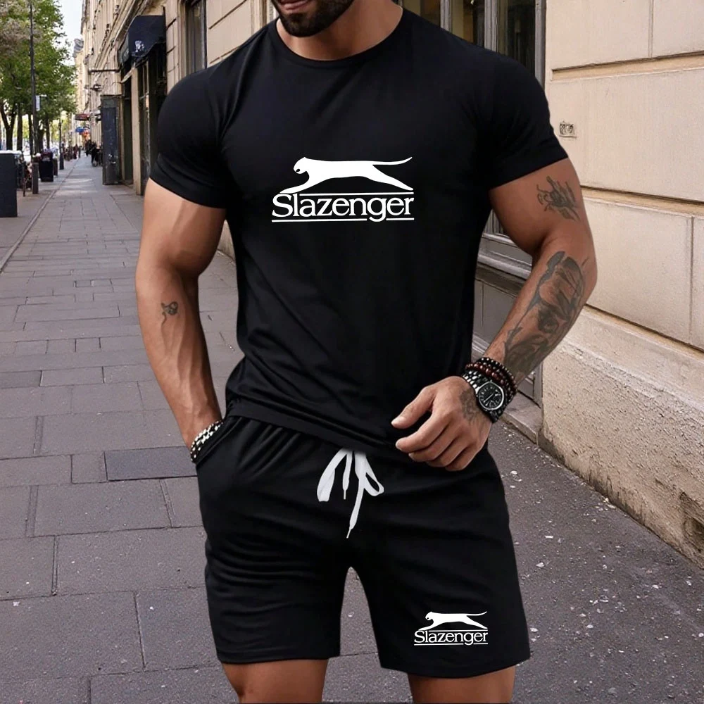 

Men's Outdoor Sportswear Set - Short Sleeve T-Shirt with Print & Breathable Casual Shorts, 2-Piece Set