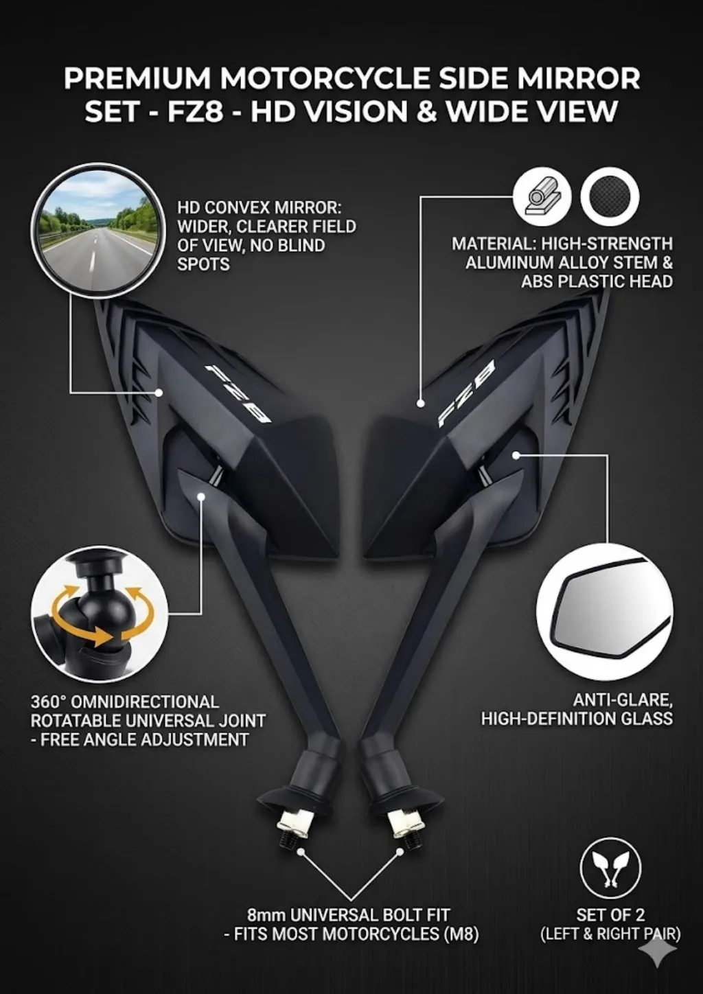 

New Motorcycle side-view mirror For YAMAHA FAZER FZ1/N FZ6 FZ8 FZ7 FZ16 FZ25 Fazer FZ Fashionable style Motorcycle Mirrors