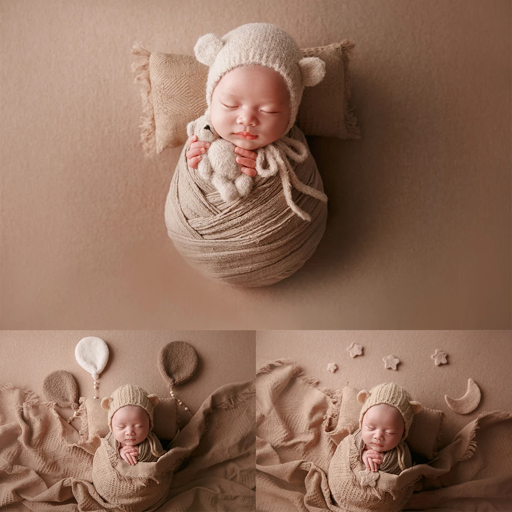 Brown Theme Newborn Photography Props Knitted Teddy Bear Doll+Hat Fabric Balloons Creativity Decoration Props for Photo Studios