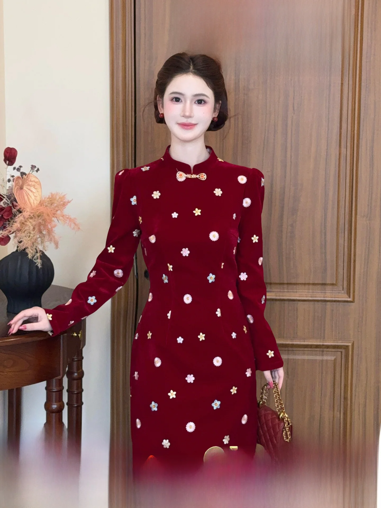 

Red New Year Dr LiLi Home High Waist A-Line Skirt Long Sve French Sle Polyester Fiber High Quali Spring D...