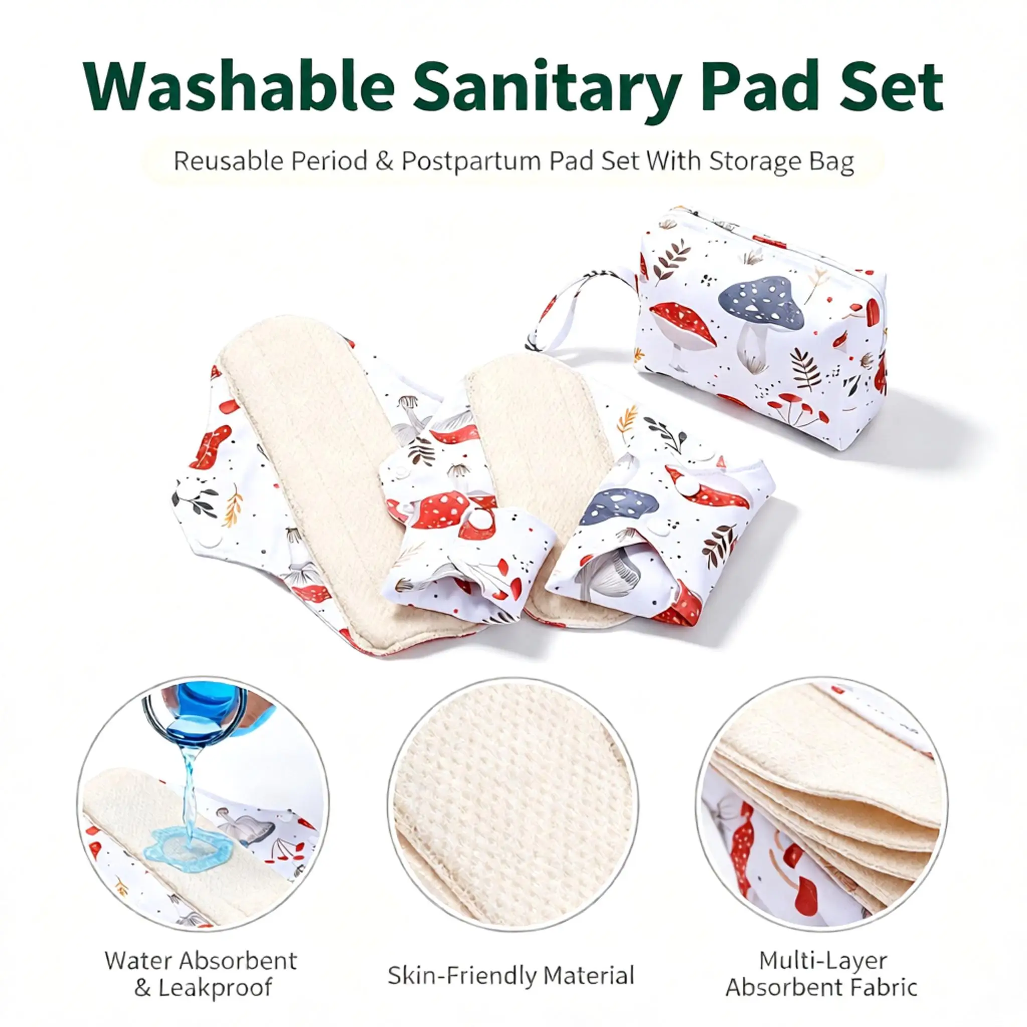 5Pcs Printed Cotton Washable Reusable Menstrual Pad Set Waterproof Leakproof Postpartum Sanitary Towels With Storage Bag