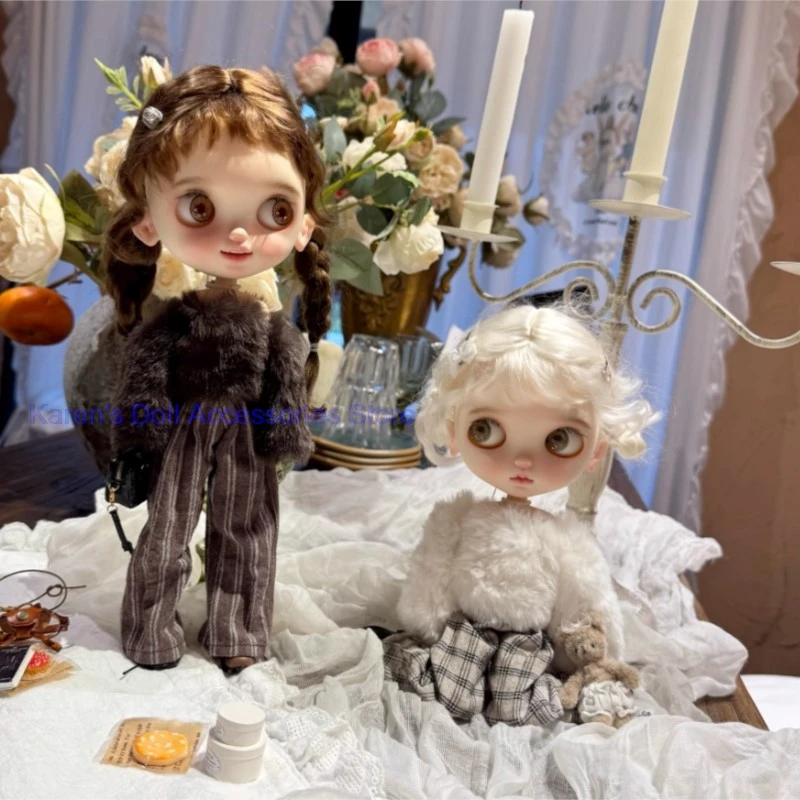 

2 шт. 2026 новый стильный меховой топ + брюки для Blythe/landoudou белый/кофейный (подходит для Lulu,ymy24,Ob22,24,26,zone, Дженни)