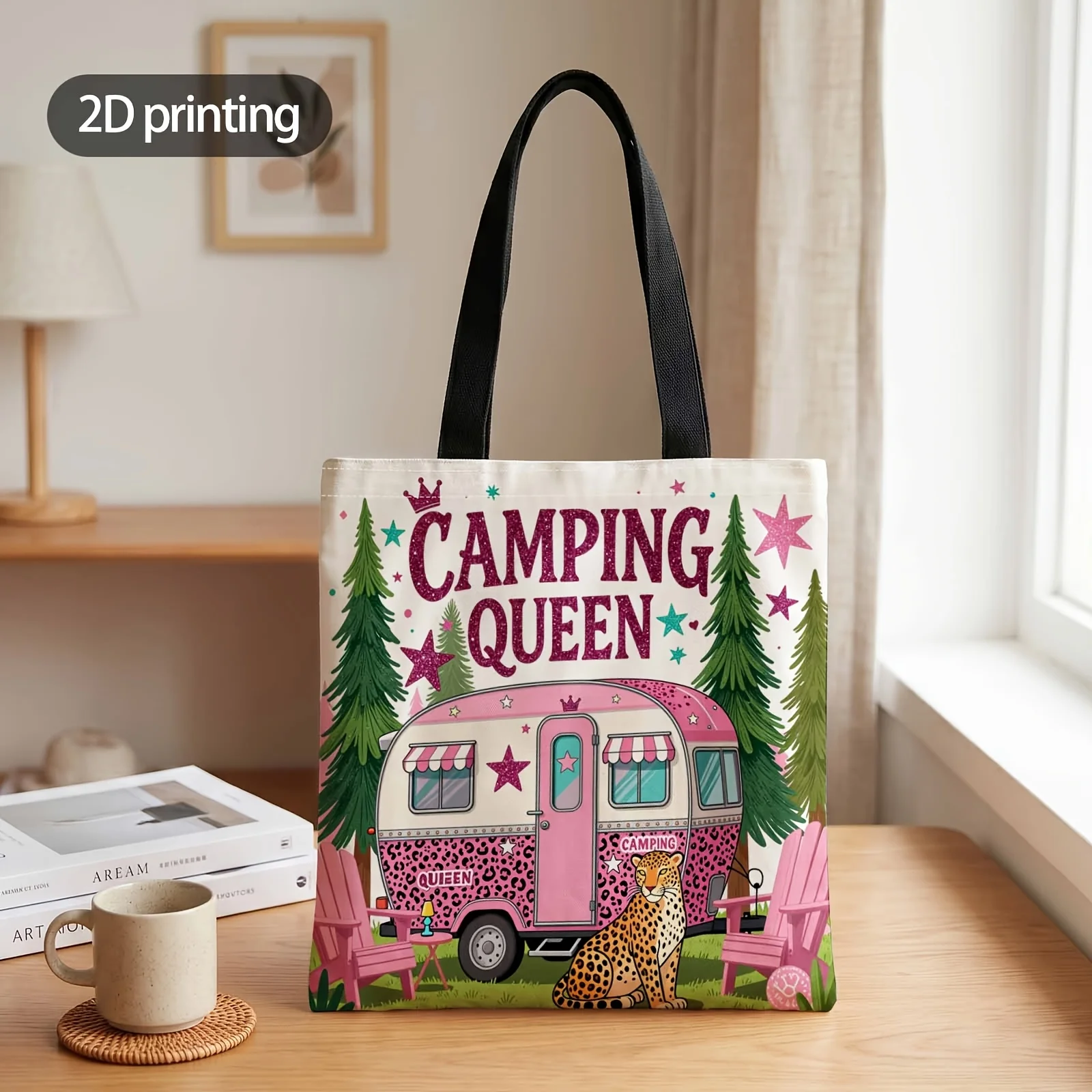 1pc 2D Printed Handbag with Camping Queen Vibes Only Pattern, Reusable Fashion Shoulder Bag Handbag Shopping Tote Bag Suitable f