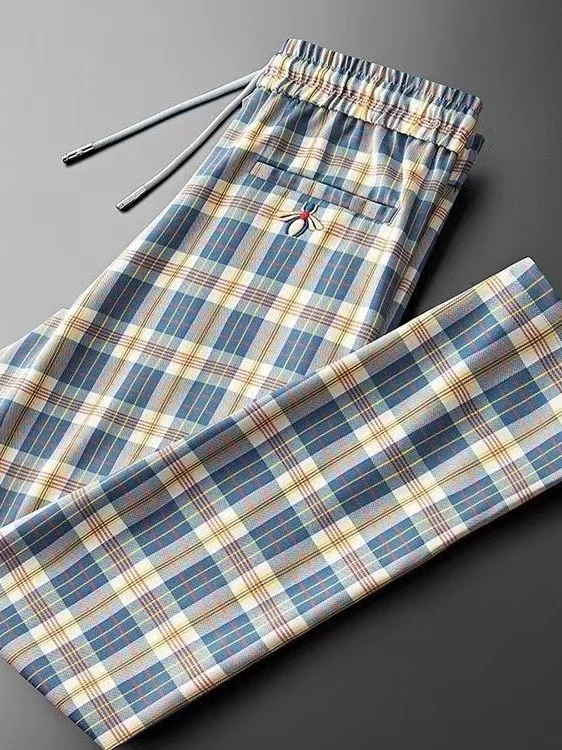 New British Style Plaid Pants Men's Summer No Ironing Drawstring Elastic Waist Straight Casual Long Trousers Men's Wear
