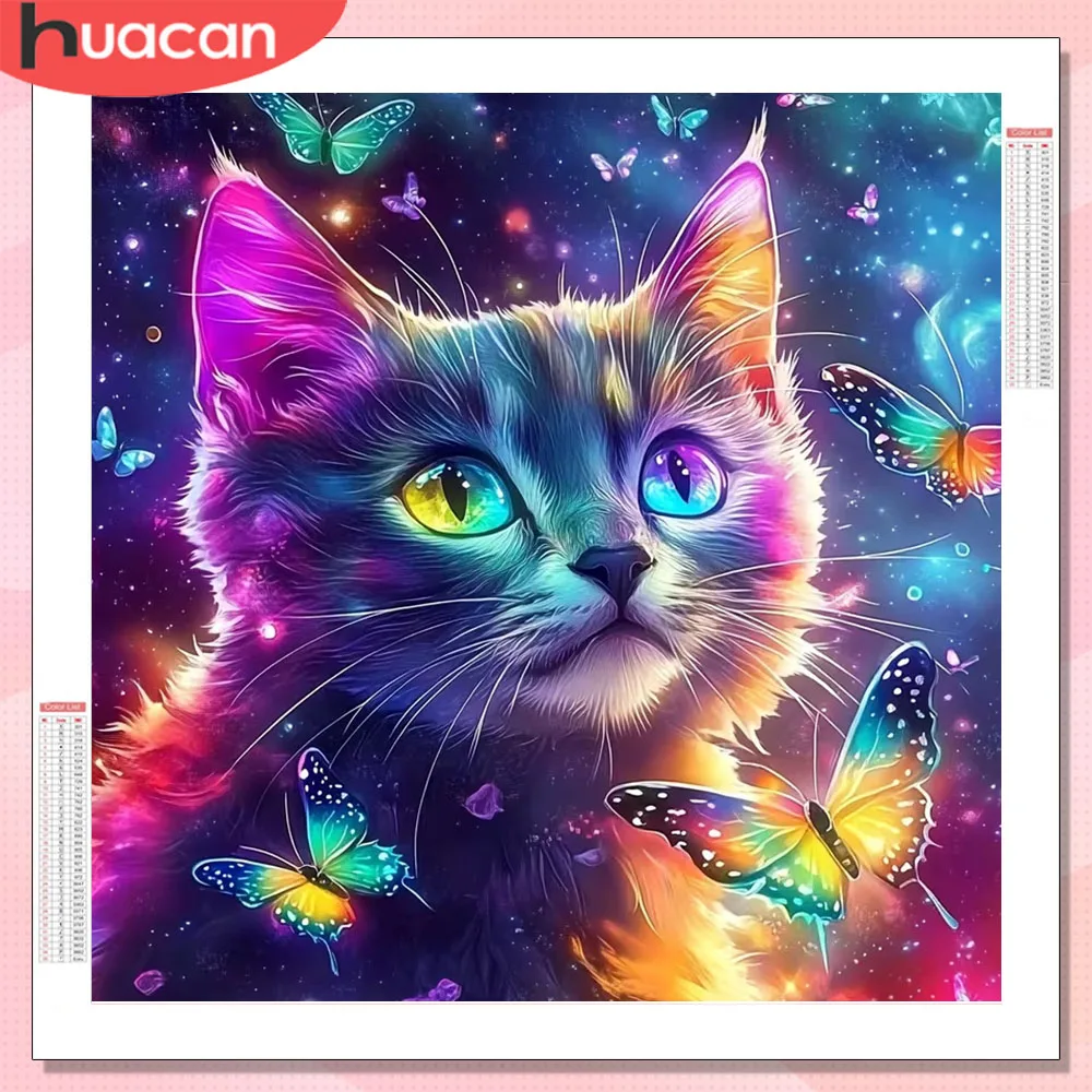 HUACAN Diamant-Mosaik, neue Kollektion, Katze, Tier, 5D-Diamantgemälde, Schmetterling, vollständiges quadratisches, rundes Bild mit Strasssteinen