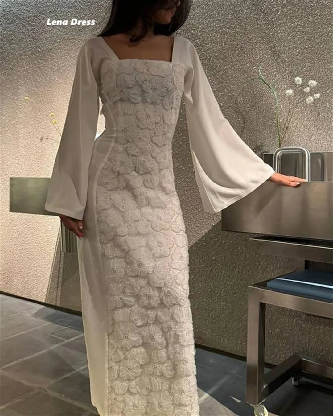 레나 스퀘어 칼라 이브닝 드레스 2025 여성 럭셔리 여성 이브닝 드레스 맞춤 제작 고급 파티 드레스 긴팔 프롬 가운