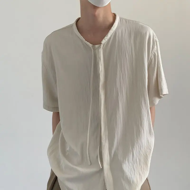 Summer Thin Short-sleeved Shirt Loose Tie-up Collar Shirt Men's T-shirt