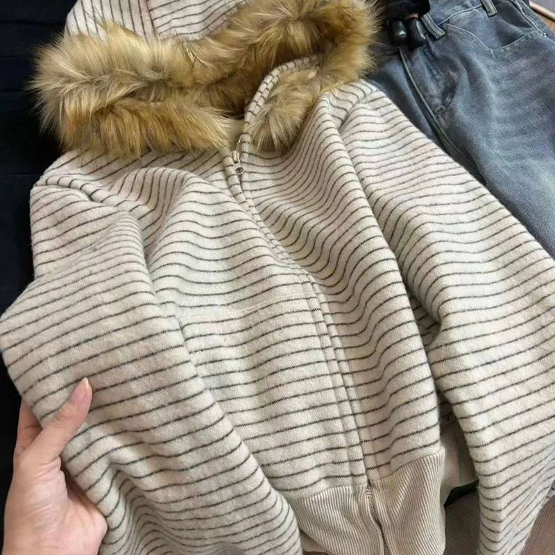 

Striped Hooded Sweatshirt Women American Vintage Street Zip Jacket Loose Lazy Casual Faux Fox Collar Classic Cardigan Coat