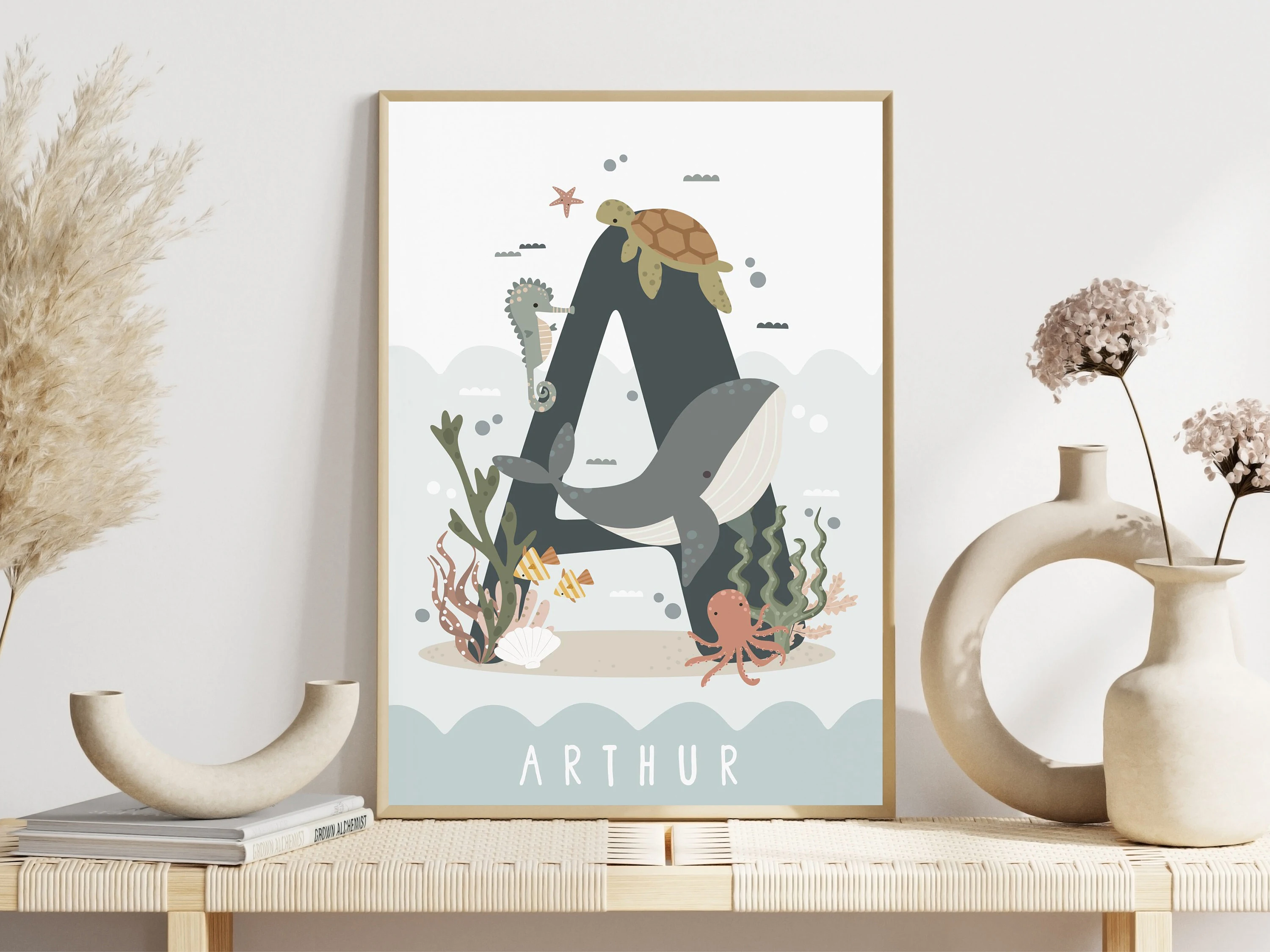1pc frameless Canvas Painting Cartoon Marine Life Posters Underwater World Alphabet Teaching Dolphin Modern Prints Canvas Wall P