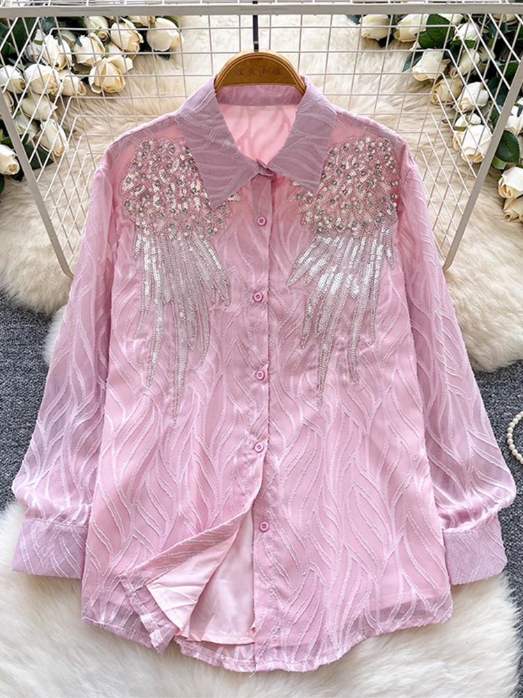 

Повседневная однобортная рубашка с вышивкой и блестками для ногтей, новинка 2025, модная осенняя женская одежда