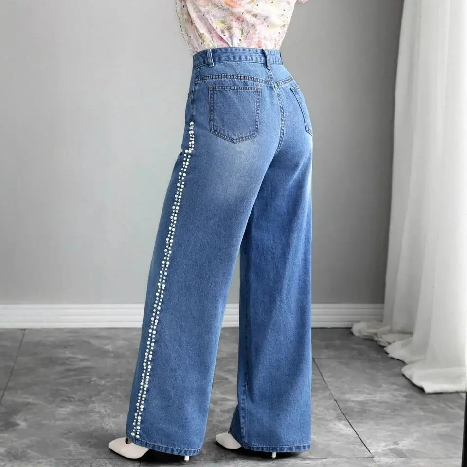 Women Solid Denim Pants Pearls Spliced Long Pant Pockets Casual Straight Trousers Jeans Office Lady Elegant Simple Autumn Winter