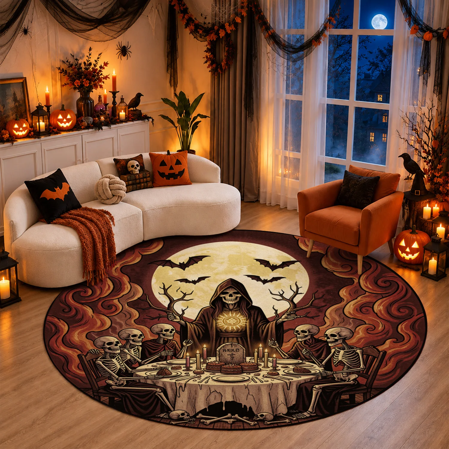 Halloween Skeleton Grim Reaper Bat Full Moon Round Velvet Decorative Mat Machine Washable Living Room Dining Room Entryway Thanksgiving Christmas New Year Black Friday Cyber Monday