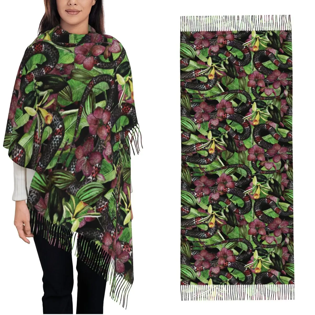 Tropical Flower Leaves Snakes Shawl Wraps for Womens Winter Large Long Scarf Arizona Coral Snake Pashminas Shawl Scarves