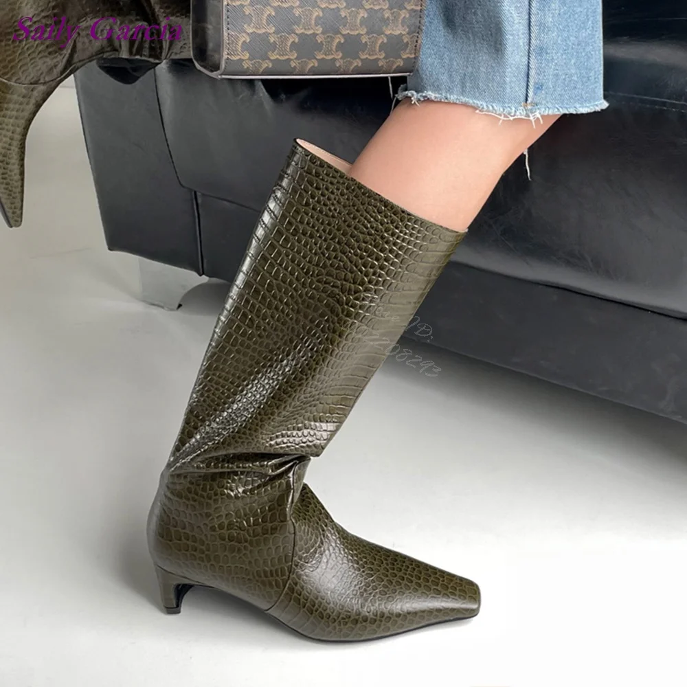 Green Cocodile Pattern Knee-high Boots Snake Print Kitten Heel Knight Boots Women 2025 Spring Square Toe Slip-on Fashion Shoes