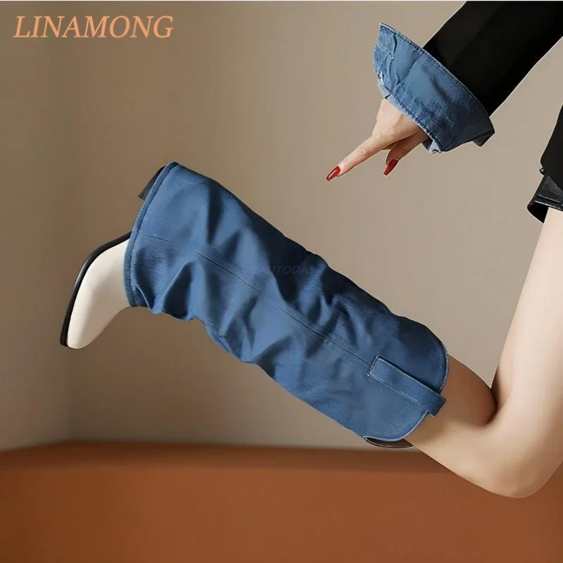 Two Tone Denim Stacked Knee High Boots V Notched Top Shaft Pull Tab Soft Rounded Point Toe Low Block Heel Comfortable Long Boots