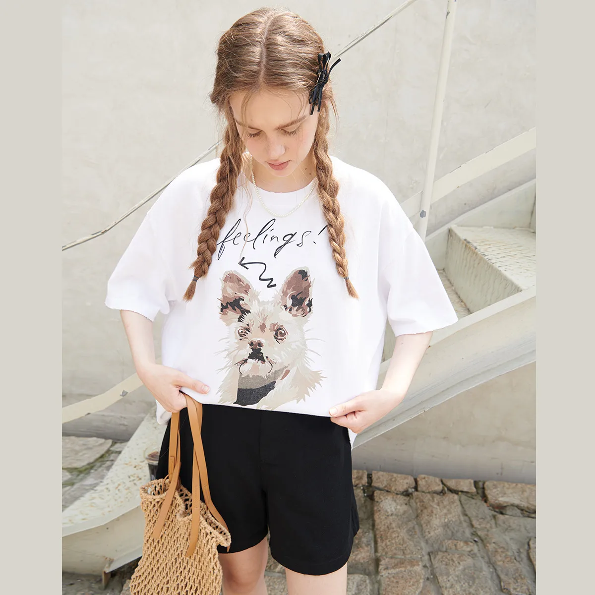 Spring and Summer High-Quality Street Dog Head Print Round Neck Short-Sleeved T-Shirt for Women in Loose Fit Trendy Style