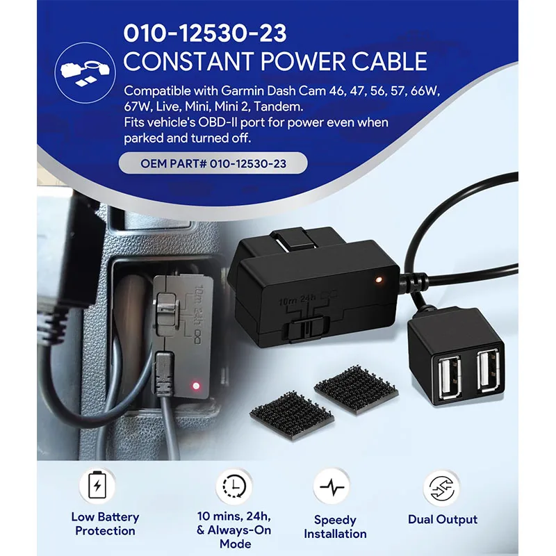 010-12530-23 Constant Power Cable for Garmin Dash Cam 46, 47, 56, 57, 66W, 67W, Live, Mini, Mini 2 Fits Vehicle's OBD-II Port