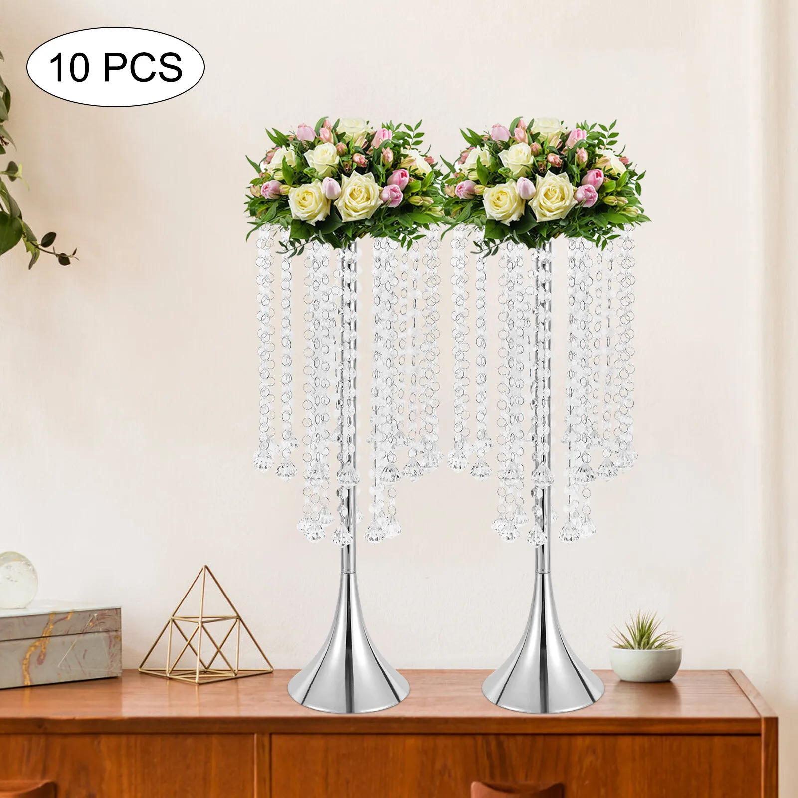 

10-Piece Silver Flower Vases With Shimmering Acrylic Beads, Ideal For Wedding Aisles & Event Centerpieces Suitable For Birthdays