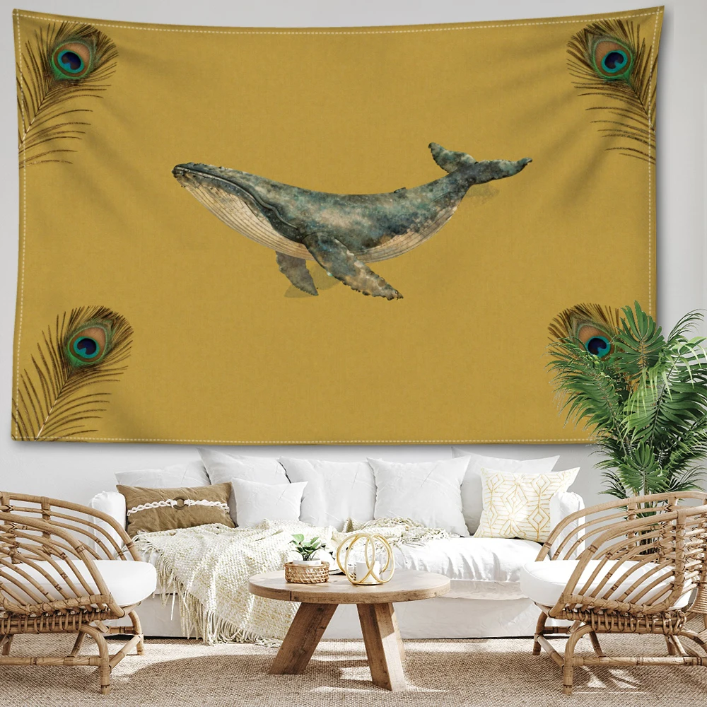 Turmeric Whale Peacock Feather Wall Tapestry, Symmetrical Boho Decor