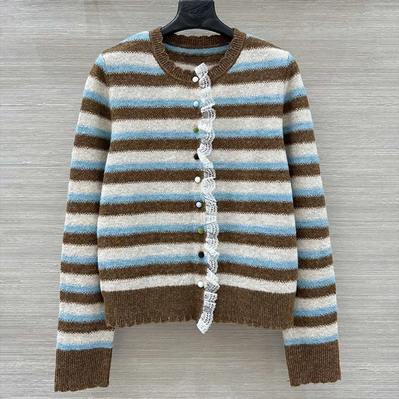 

High quality Multi-color striped lace wave-edge women's cardigan sweater with embroidered logo knitwear 25121880