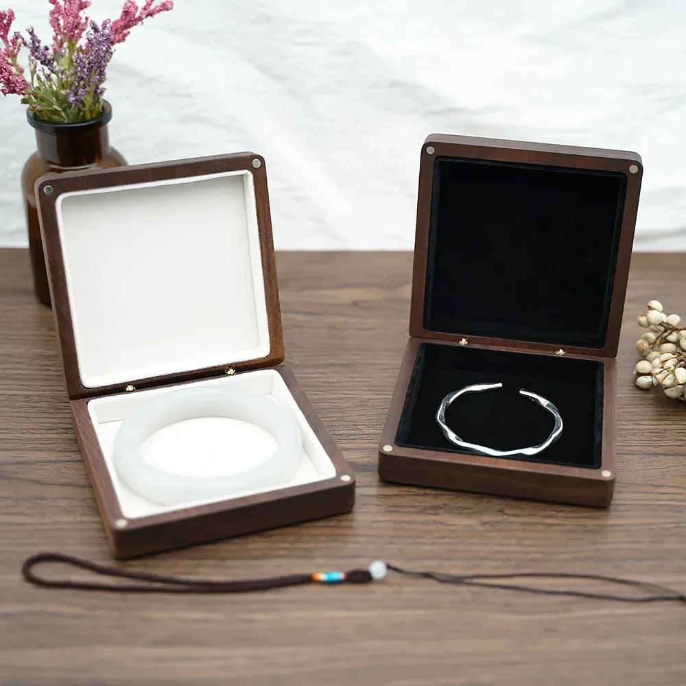 HeMu Walnut Wood Bangle Jewelry Box, Flocked Lining Square Storage Case for Jade Bangle Silver Bracelet Gift Packaging Box