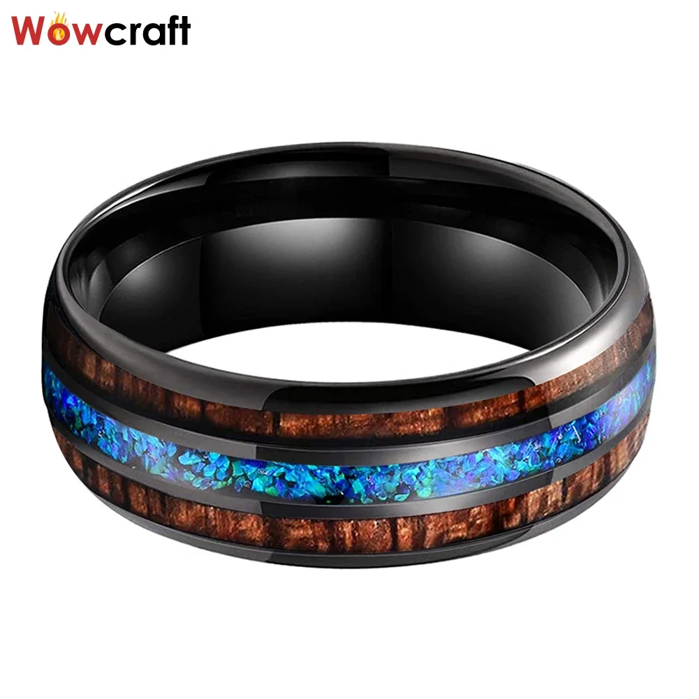 Blue Opal Wood Inlay Tungsten Wedding Band Black Men's Women's Engagement Promise Ring Domed Polished Shiny Comfort Fit