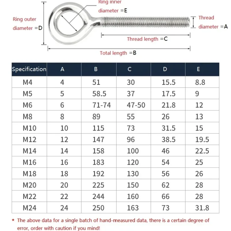 M4 M5 M6 M8 M10-M24 304 Stainless Steel Sheep Eye Screw Bolt Ring/Hook Screws Ring Hanging Hook Suspension Fasteners Tool