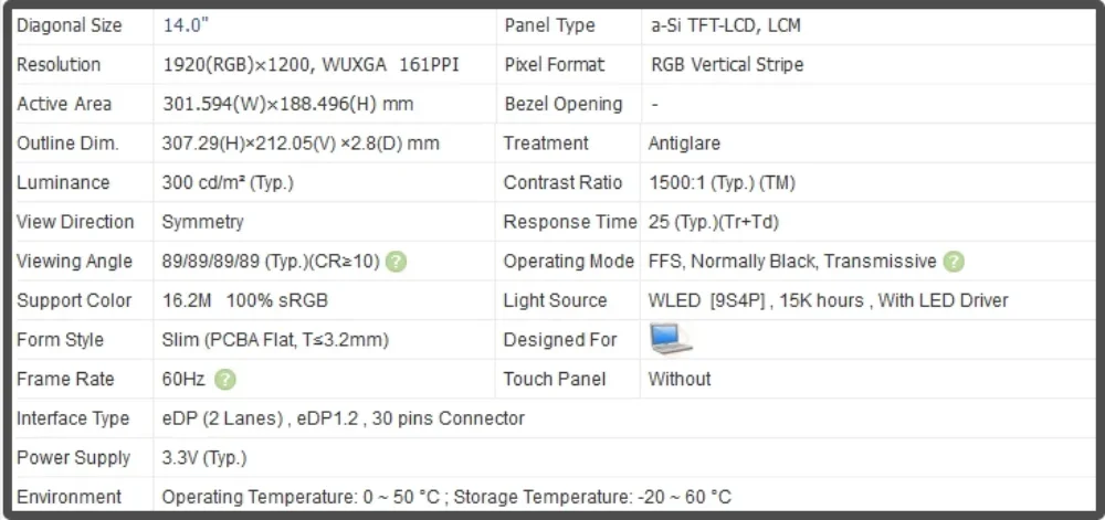 MNE007QS1-2 14.0 inch LCD Screen Laptop Display IPS Panel 60Hz FHD 1920x1200 Non-touch