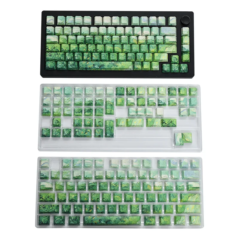 Keyboard keycaps Van Gogh oil painting series wheat field original side engraved keycaps tender green PBT material suitable for