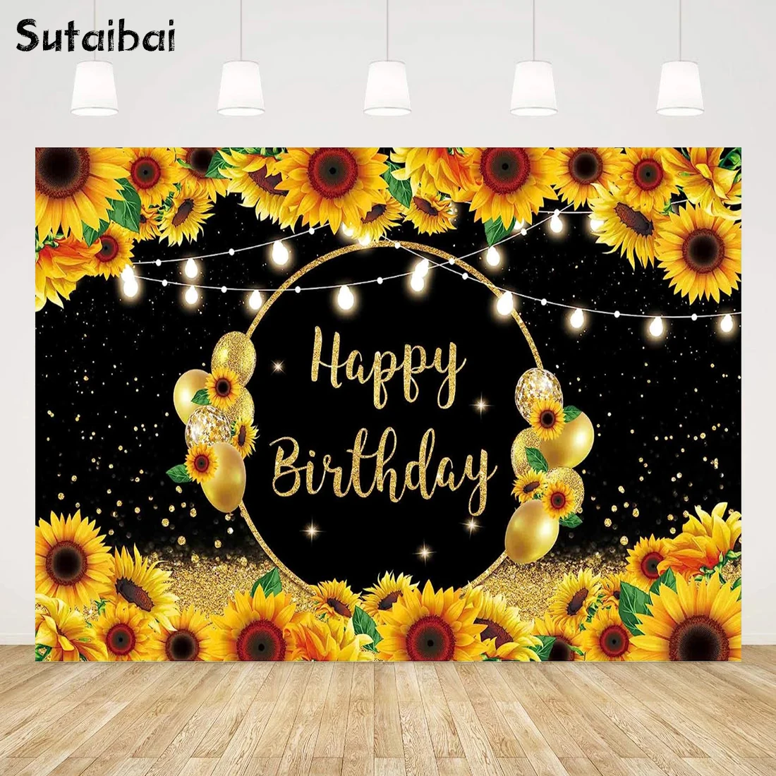 

Sunflowers Happy Birthday Party Backdrop Girl Black and Gold Glitter Balloons Photography Background Milestone Decor Banner