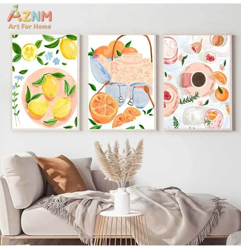 AZNM Watercolor Lemon Tropical Plant Lady Figure Canvas Poster, Frameless Fresh Summer Wall Art For Living Room Bedroom Dining A