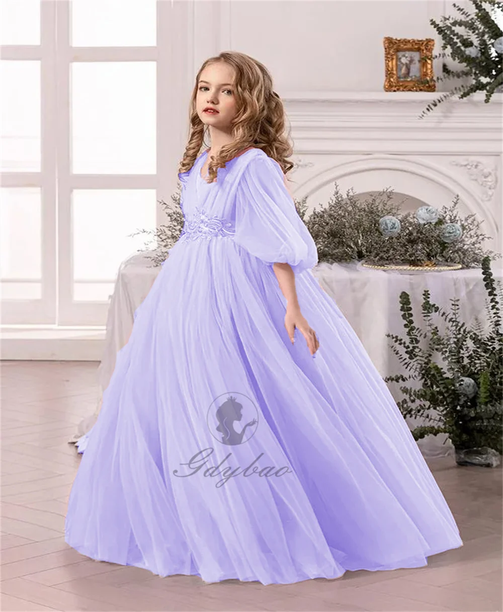 Light Blue Flower Girl Dress Wedding Mesh Backless Bow Illusion Sleeves Floor-Length Children's Party Dress