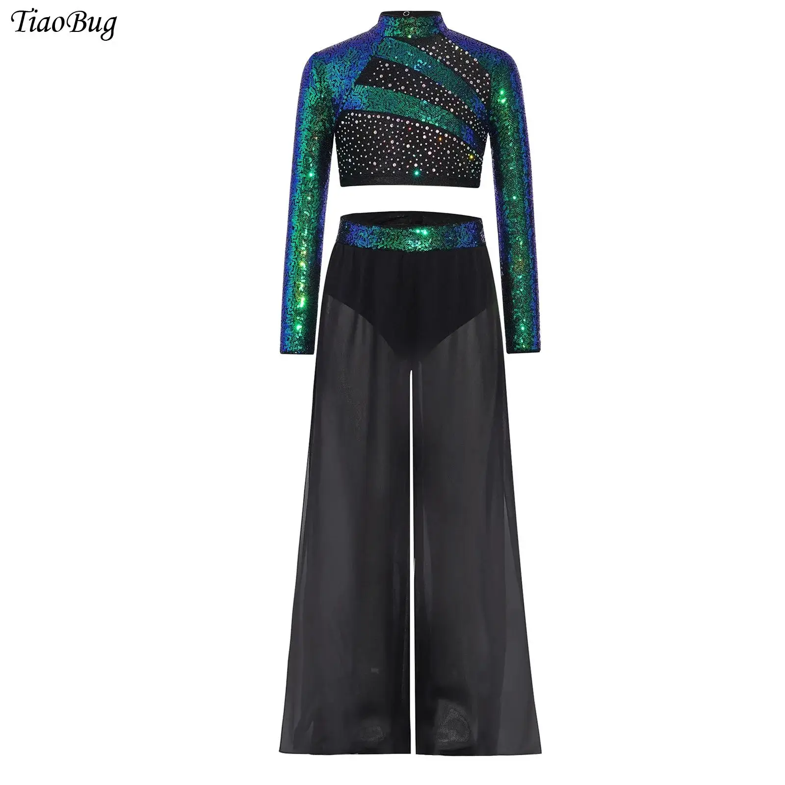 

Girls Modern Lyrical Dance Set Ballet Jazz Dance Costume Long Sleeve Sequin Crop Top with Chiffon Wide-Leg Side Slit Dance Pants