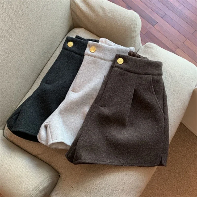 Kids Girls Woolen Wide Leg Pants 2024 New Arrival Teenage Girls High Waist Loose Sprit Shorts Children Autumn Winter Clothes