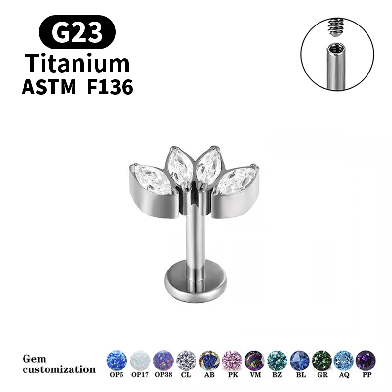 G23 F136 Titanium Alloy Pierced Earlobe Internal Thread CZ Labret Lip Ear Stick Cartilage Earrings Tragus Earrings Body Jewelry