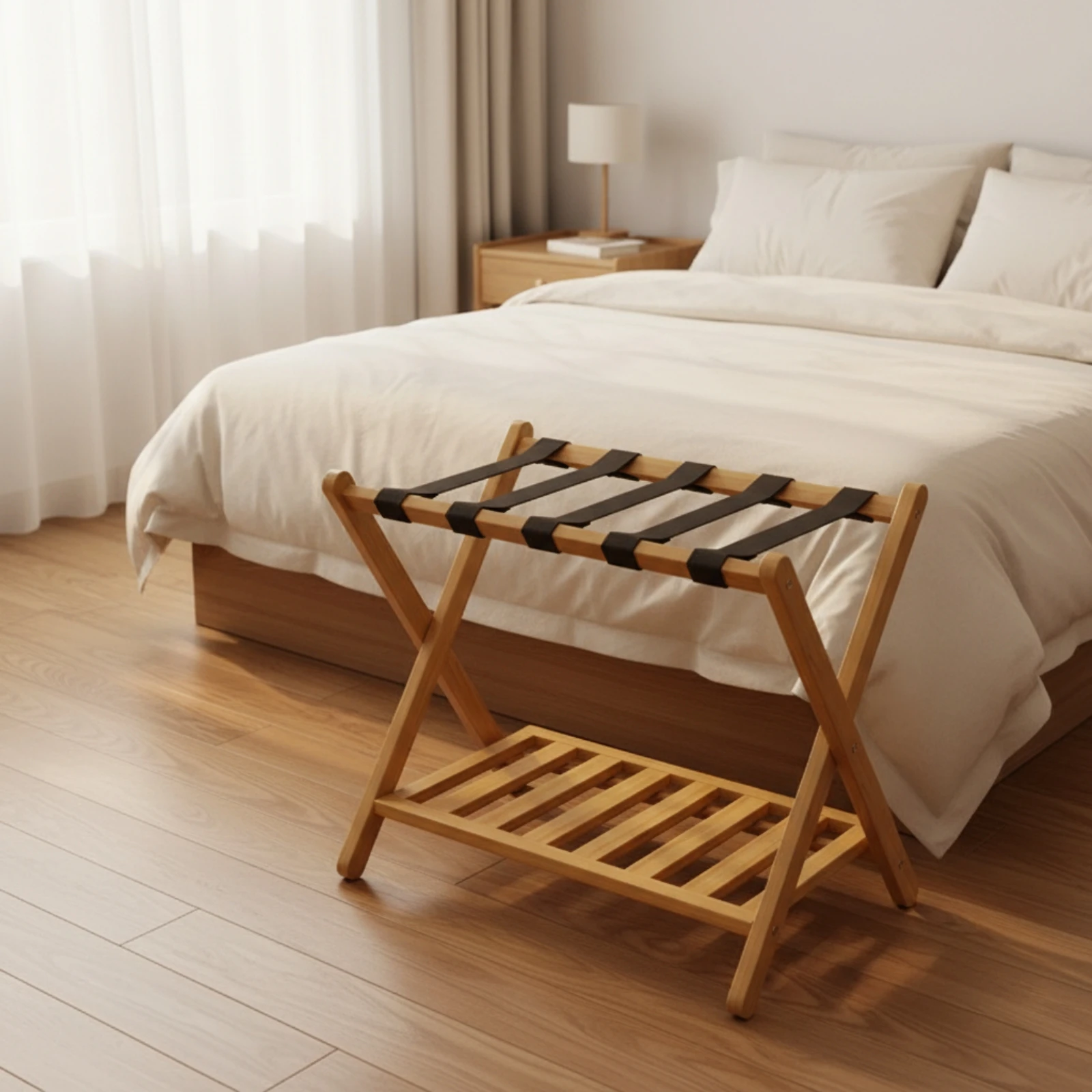 Bamboo Luggage Rack with Shelf Collapsible Luggage Rack with Shoe Shelf Folding Suitcase Stand Portable Stable for Guests