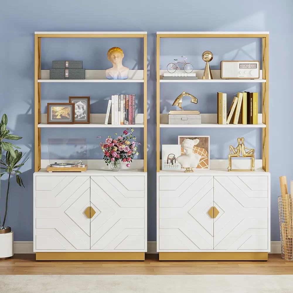 White and Gold Bookshelf with Doors: 70.9 Inches Tall Etagere Bookcase Set of 2, Modern Open Display Book Shelves