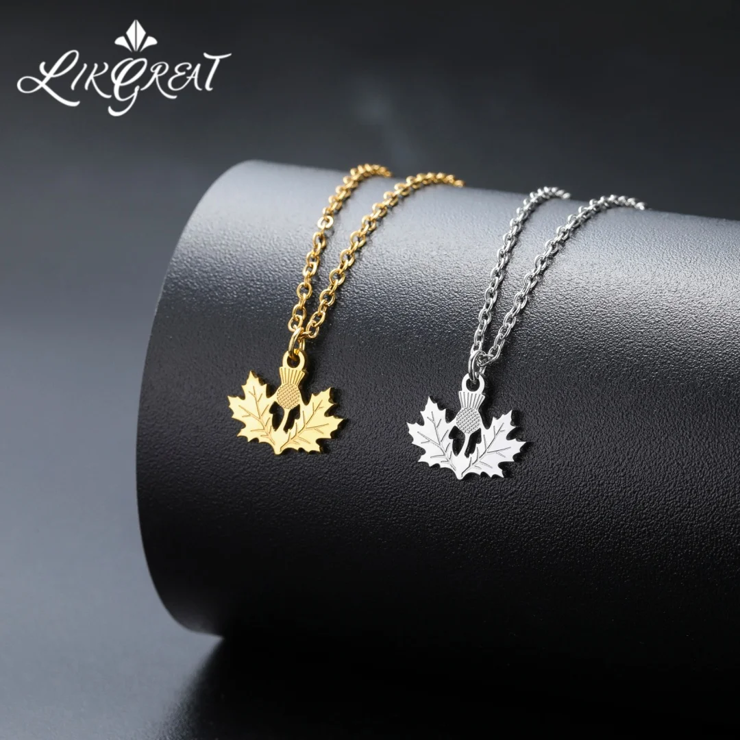 Scotland Thistle & Maple Leaf Pendant Necklace Minimalist Stainless Steel Link Chain Jewelry For Women Men Gift Vintage National