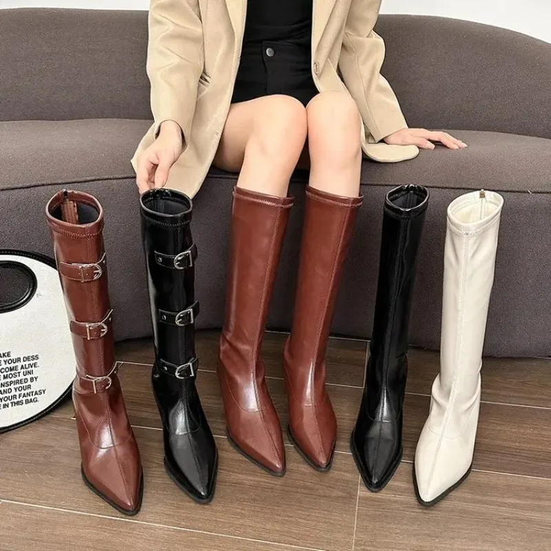 

2025 Autumn and Winter Hot Selling New High Heels 35-42 Plus Size Women's Shoes Pointed Solid Color Medium Length Knight Boots