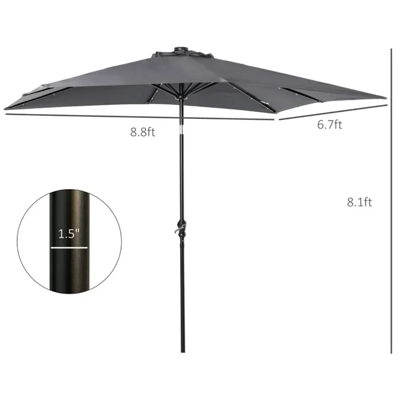 9 X 7 ft Solar LED Umbrella with Crank Tilt Button Market Table for Patio or Deck-Dark Gray